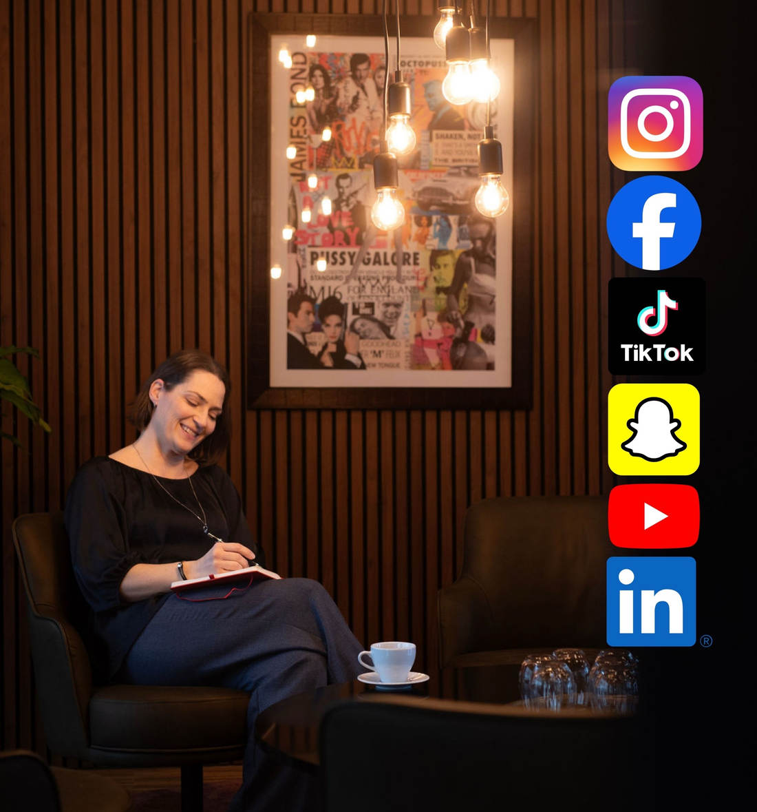 Ikoner för Instagram, Facebook, TikTok, Snapchat, YouTube och LinkedIn